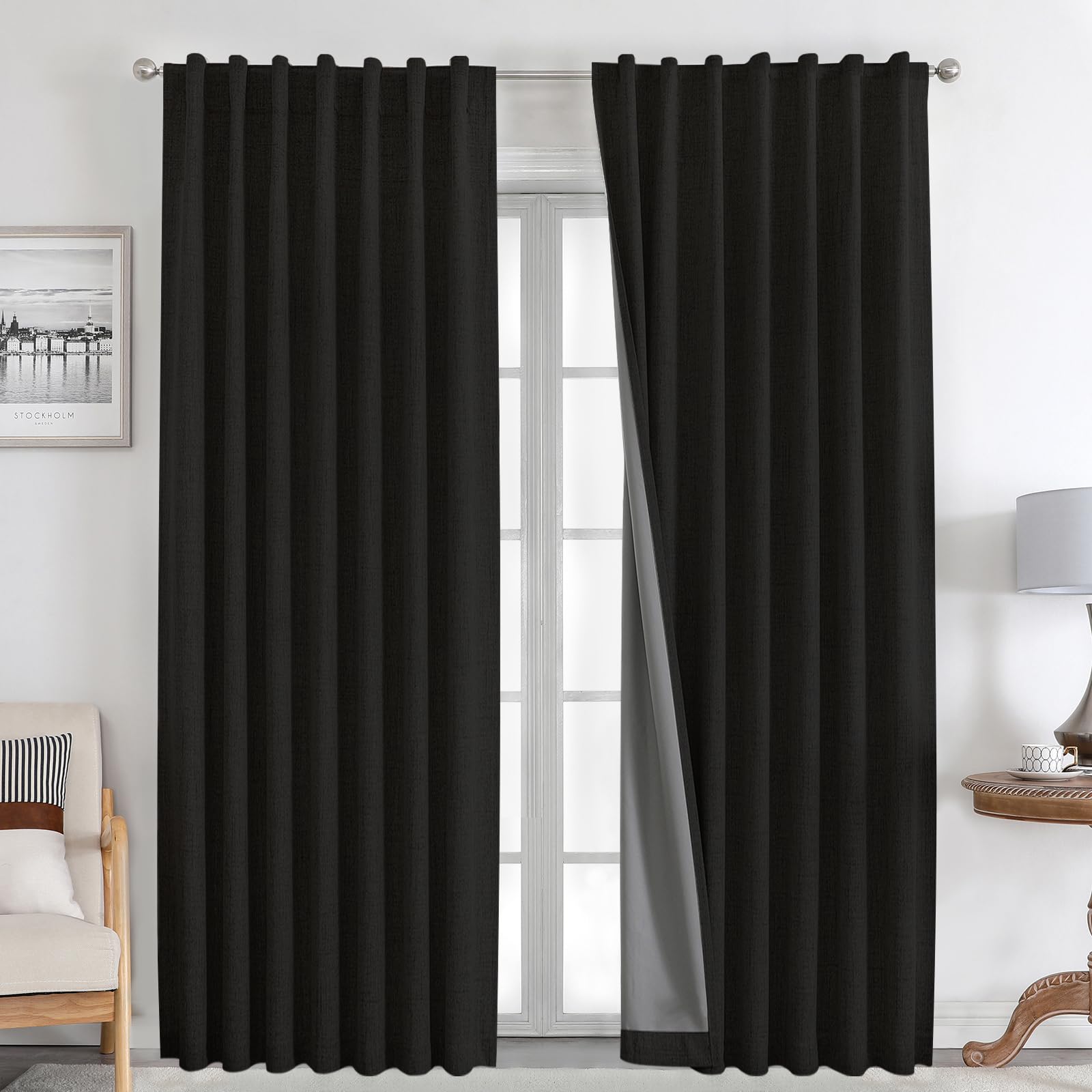 Joydeco 100% Blackout Curtains 96 inches Long White Linen Curtains 2 Panels Set Burg for Bedroom Living Room Black Out Darkening