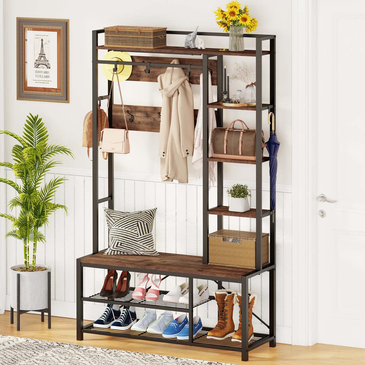 BON AUGURE Hall Tree with Shoe Storage, 5-in-1 Reversible Entryway Bench with Coat Hooks for Hallway, Rustic Wood and Metal Coat