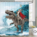 Funny Cat Shower Curtain, Cool Cat Dinosaur Japanese Ocean Wave Shower Curtain, Cat Riding Dinosaur Fun Shower Curtain Nautical 