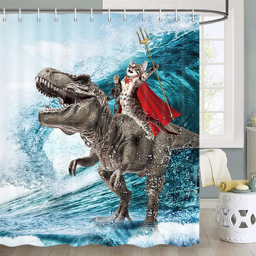 Funny Cat Shower Curtain, Cool Cat Dinosaur Japanese Ocean Wave Shower Curtain, Cat Riding Dinosaur Fun Shower Curtain Nautical 