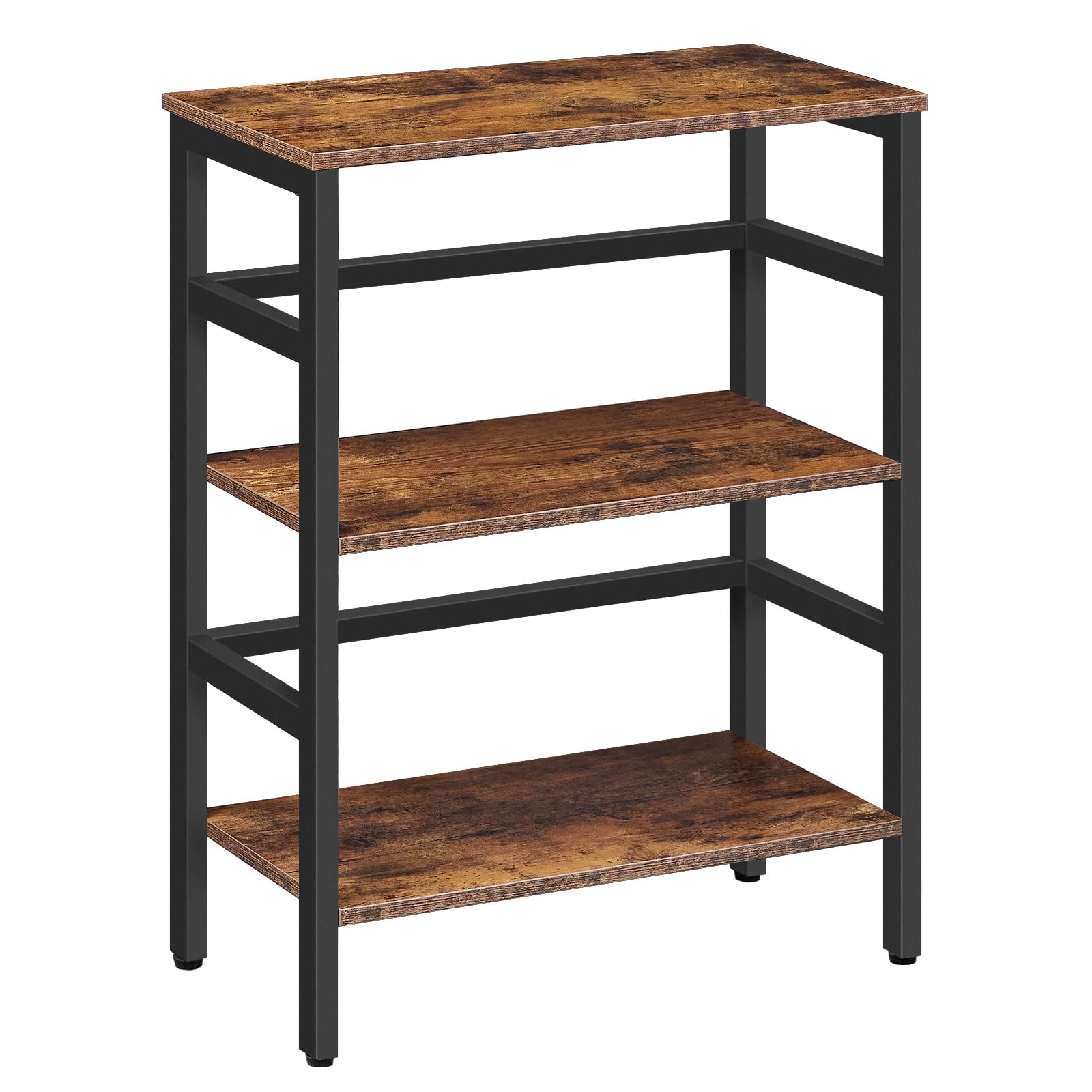 HOOBRO 3 Tier Bookshelf, Industrial Bookcase, Record Storage Rack with Side Fence, Wood Storage Shelf with Metal Frame, Rustic O