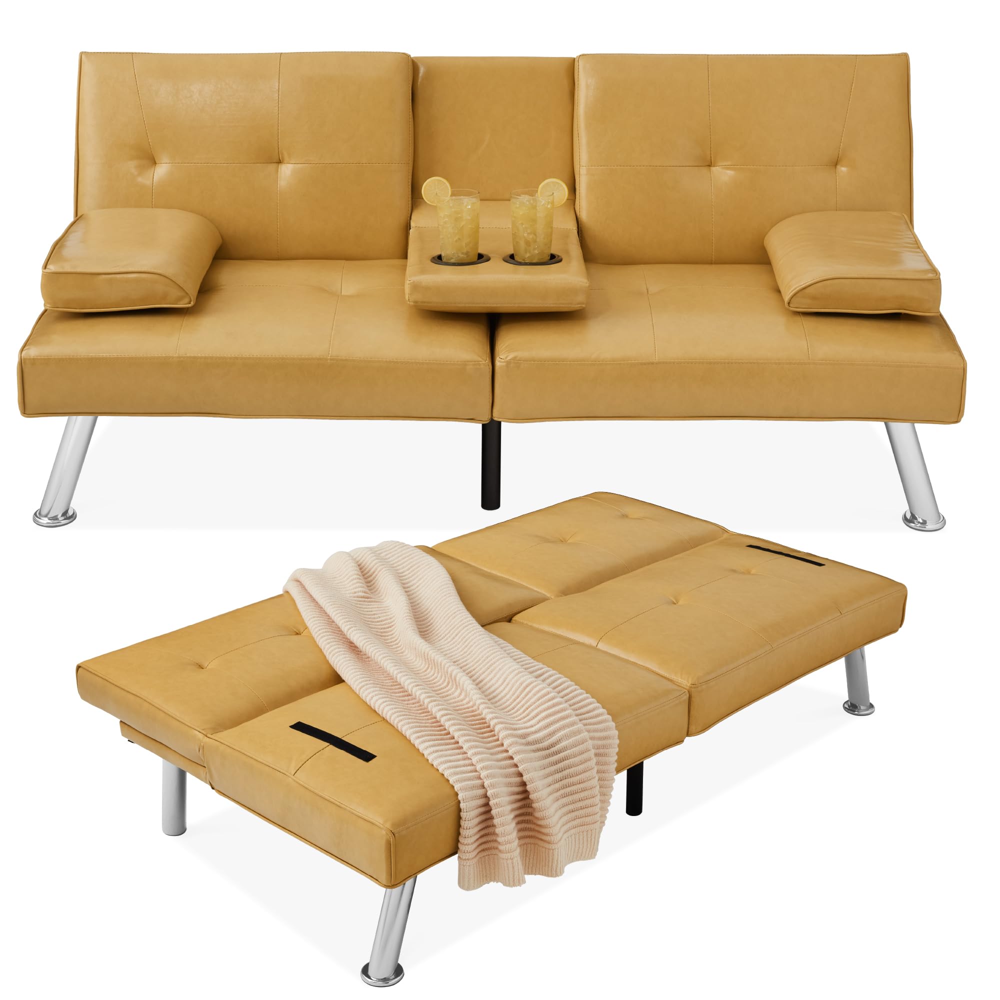 Best Choice Products Faux Leather Upholstered Modern Convertible Futon, Adjustable Folding Sofa Bed, Guest Bed w/Removable Armre