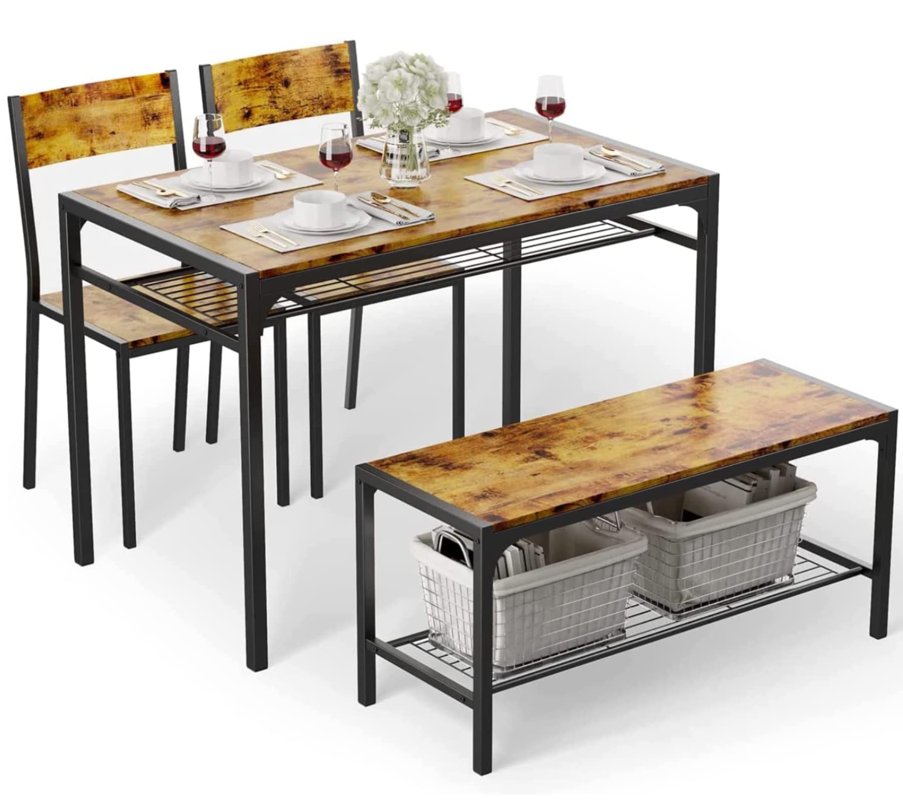 Gizoon Kitchen Table and 2 Chairs for 4 with Bench, 4 Piece Dining Table Set for Small Space, Apartment (Rustic Brown)
