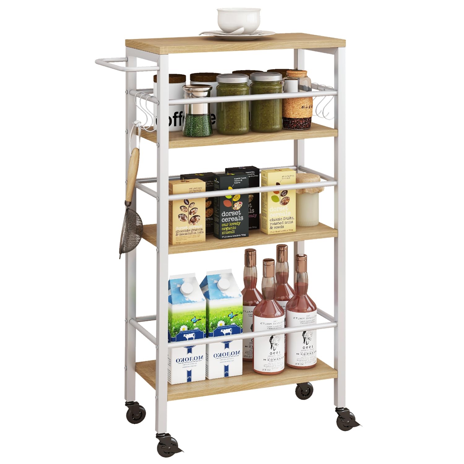 IBUYKE 7.8 Slim Rolling Cart,4 Tier Metal Kitchen Laundry Storage Cart,Industrial Narrow Utility cart,Trolley with Handle and Wo
