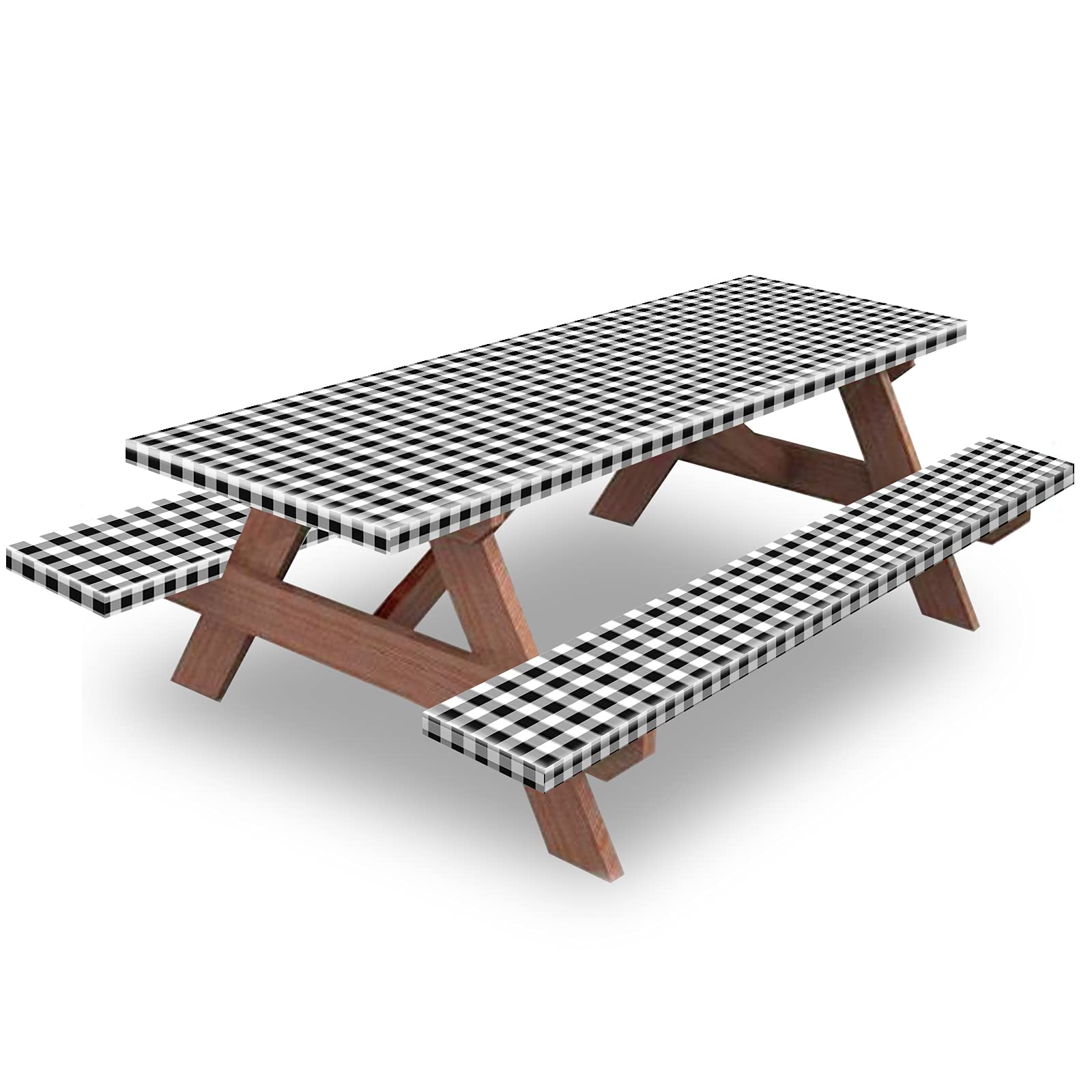 KENOBEE Picnic Table and Bench Fitted Tablecloth Cover, 3-Piece Set, Flannel Backing Elastic Edge Waterproof Wipeable Plastic Co
