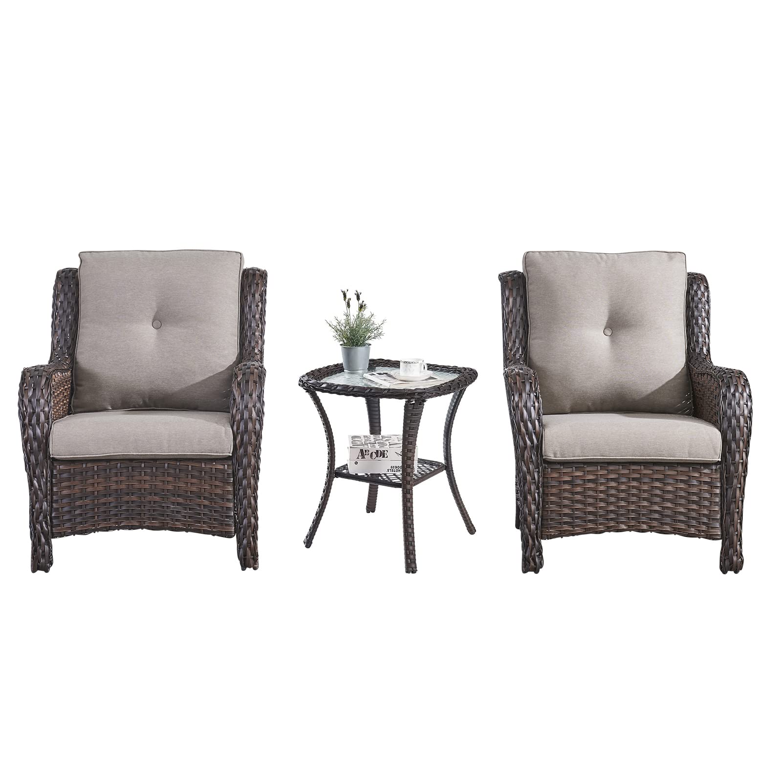 HUMMUH 3 Pieces Patio Bistro Set Wicker Patio Chairs Set of 2 with Tempered Glass Top Side Table Rattan Outdoor Furniture Conver
