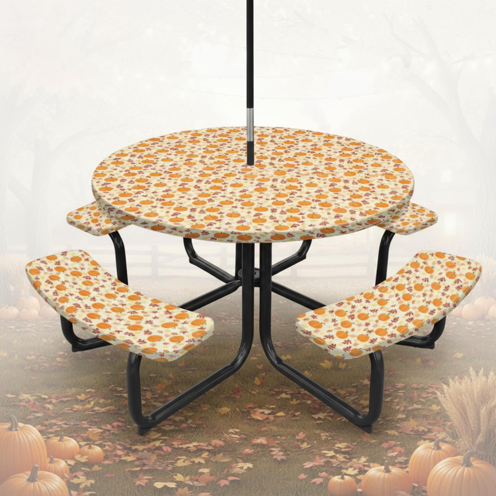 Thanksgiving Round Outdoor Table Cloth with Umbrella Hole, Maple Leaf Pumpkin Autumn Waterproof with 4 Bench Cover Set Covers wi