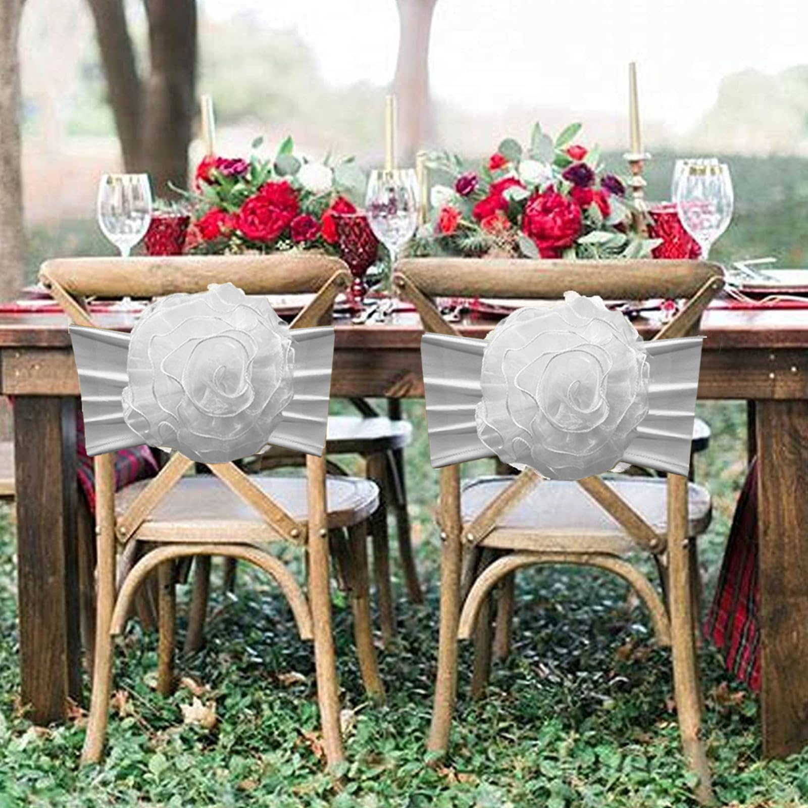 SFN 2 PCS White Flower Chair Sashes Chair Cover Chair Spandex Bands Bows tie for Thanksgiving Christmas Wedding Banquet Birthday
