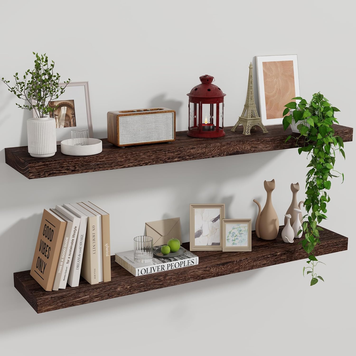Marsmiles Wood Floating Shelves for Wall Set of 2, 36 Inch Wide Rustic Wooden Floating Shelves, Invisible Wall Mounted Display f