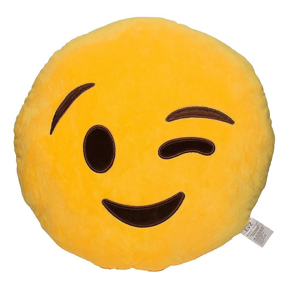 EvZ Emoji Winking Face Emoticon Cushion Stuffed Plush Soft Pillow, Official Certified, 32cm Yellow