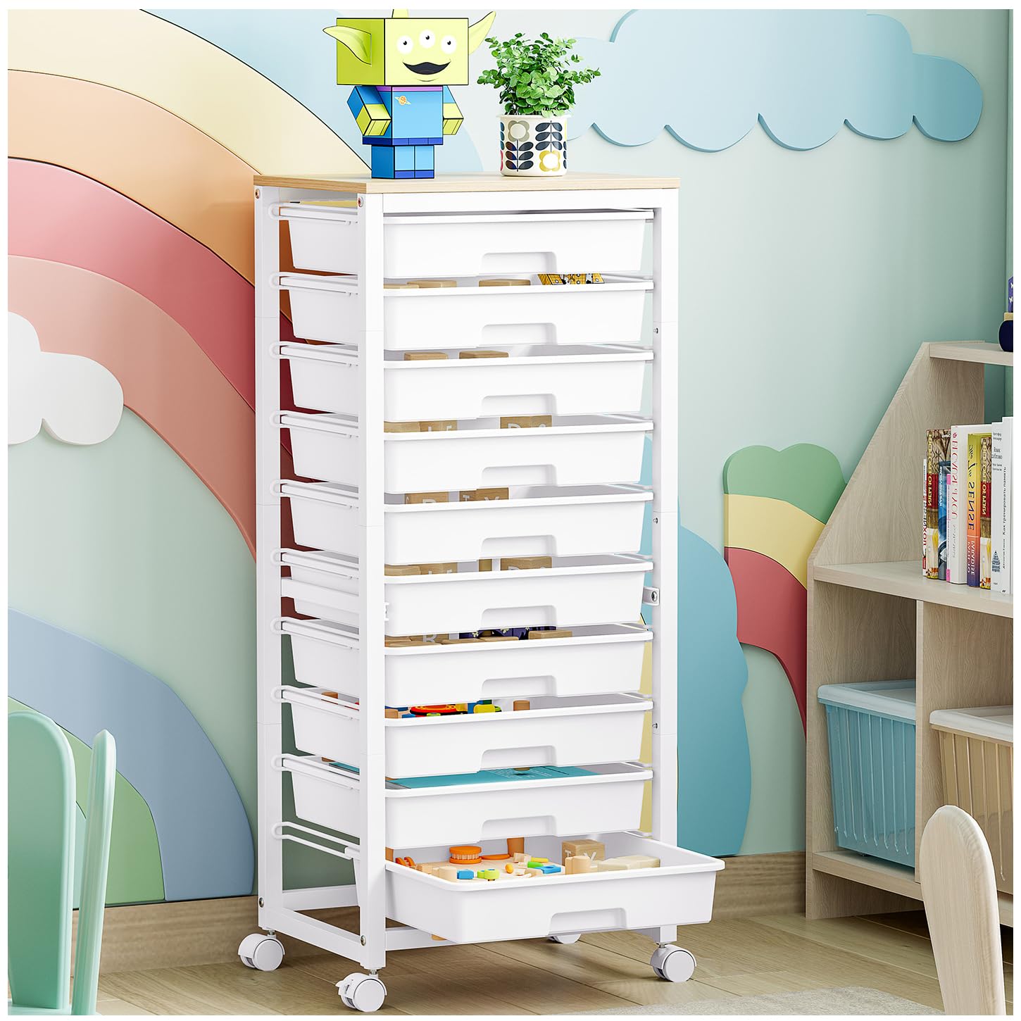 SYKIARIOL Rolling Cart with Drawers,10 Drawer Rolling Cart,Rolling storage cart with drawers,White Rolling Drawer Cart,Teacher R