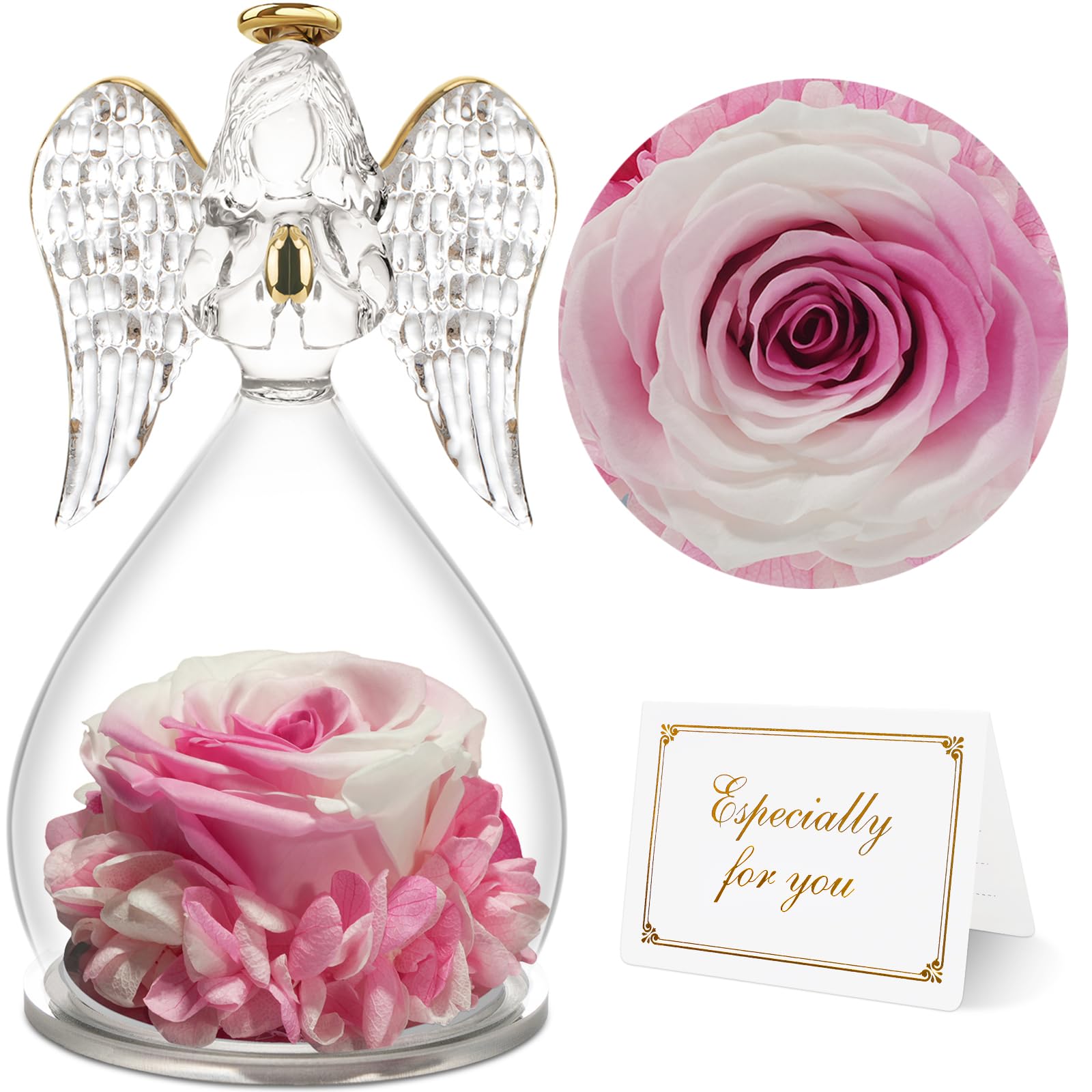 Yamonic Birthday Gifts for Women, Angel Figurines with Real Rose Gifts for Her Mom Grandma,Preserved Flowers Rose Gifts for Chri