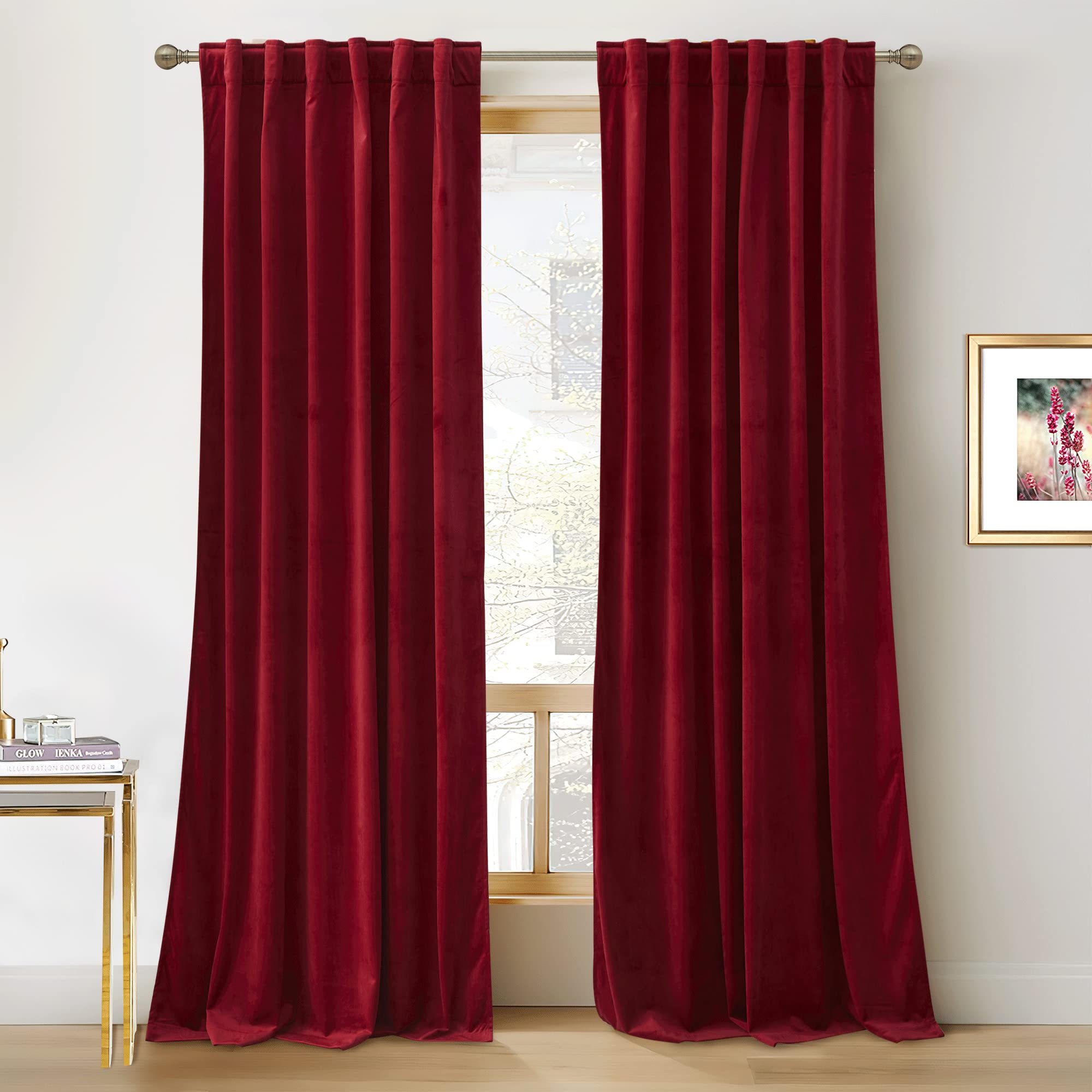RYB HOME Red Velvet Curtains for Bedroom 90 inches -Light & Heat Block Back Tabs Window Treatment Energy Efficient Privacy Prote