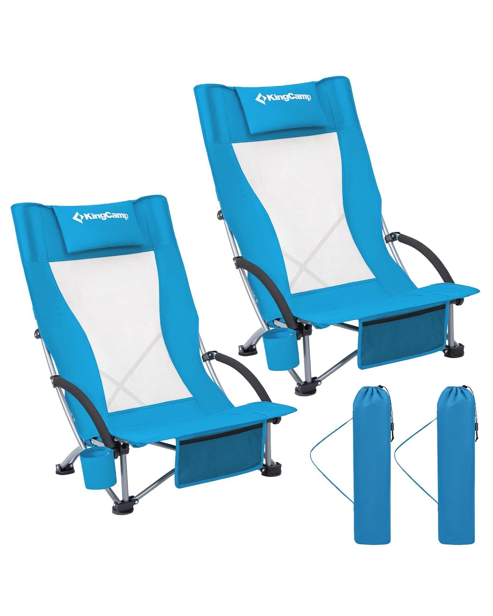 KingCamp Low Beach Chairs 2 Pack, Folding Portable Chair for Adults lightweight Extra Wide Ergonomic High Back Seat 300lbs Heavy