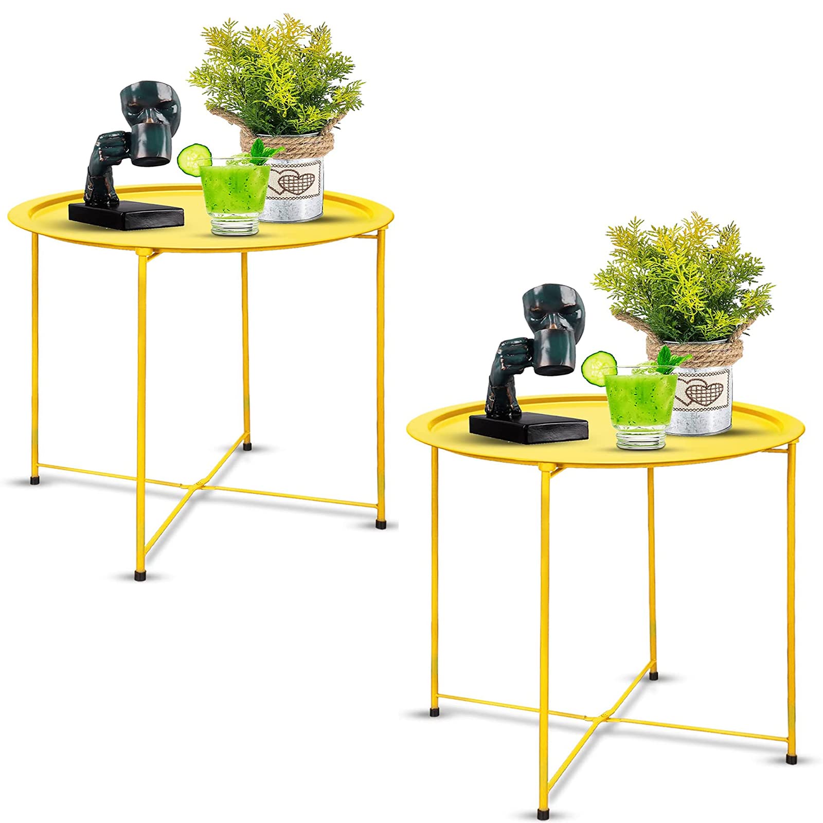 Garden 4 you End Table 2 PCS Metal Side Table Yellow Round Folding Tray Cyan Sofa Small Accent Fold-able Table, Round End Table 