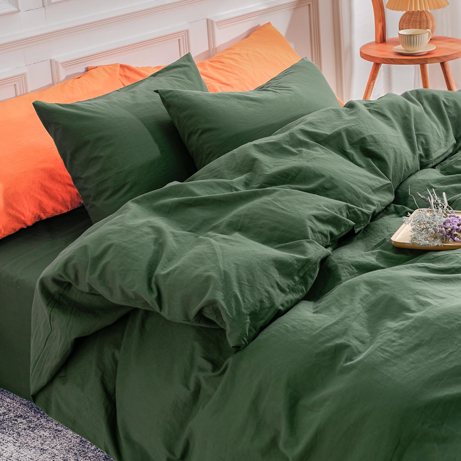NEXHOME PRO Duvet Cover Set 100% Washed Cotton Full Size Linen Feel Textured Organic Natural 3 Pieces Bedding Set with Zipper Cl