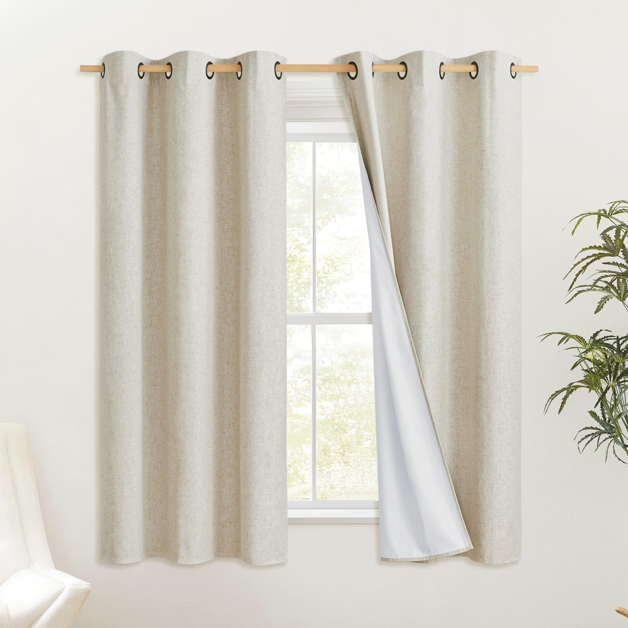 NICETOWN Natural Thick Linen Blend 100% Blackout Curtains 70 Long 2 Panels Set for Bedroom, 34 Wide, Rustic Grommet Thermal Insu