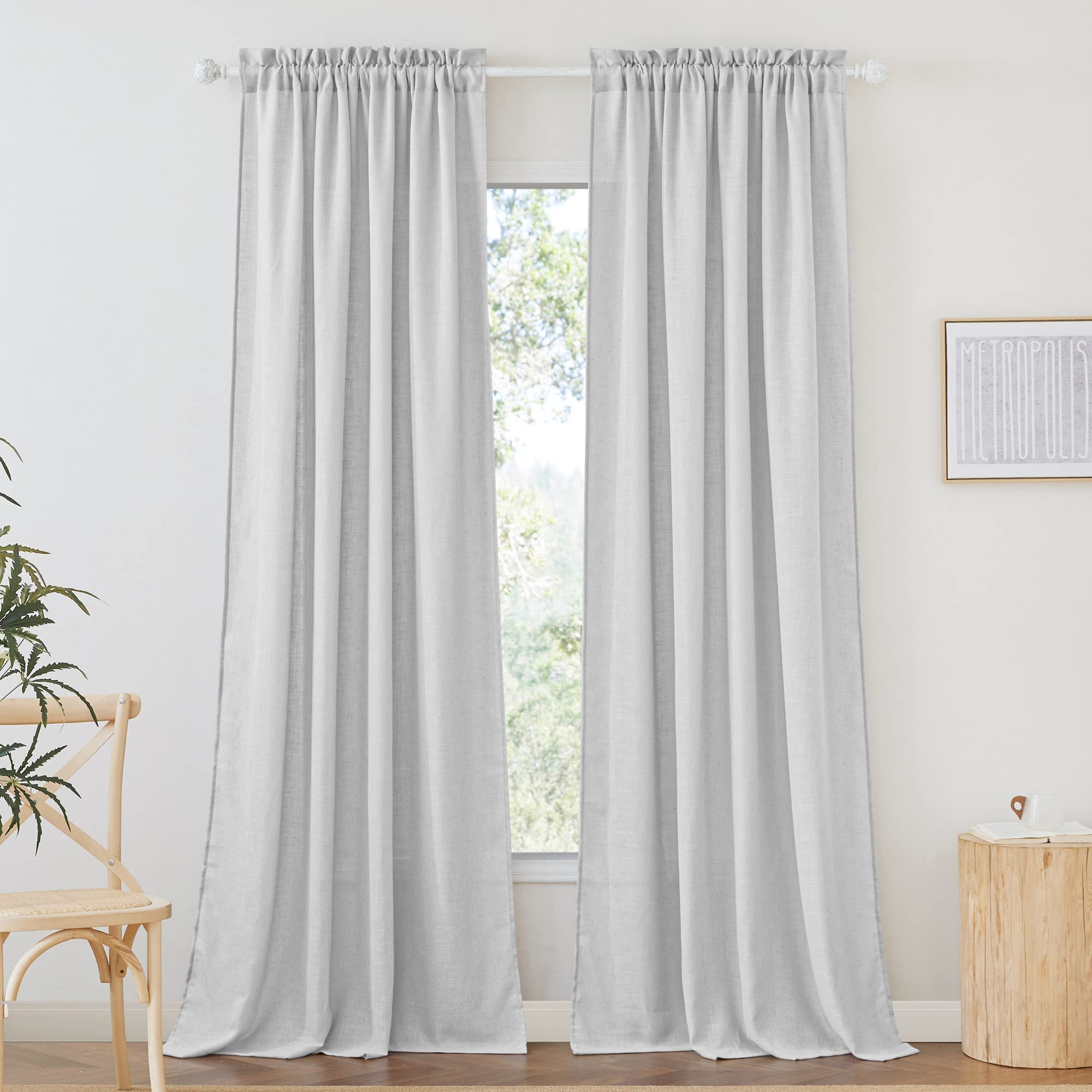 RYB HOME Privacy Sheer Curtains for Living Room, Linen Textured Semi Sheer for Bedroom Window Treatment Panels Light Glare Filte