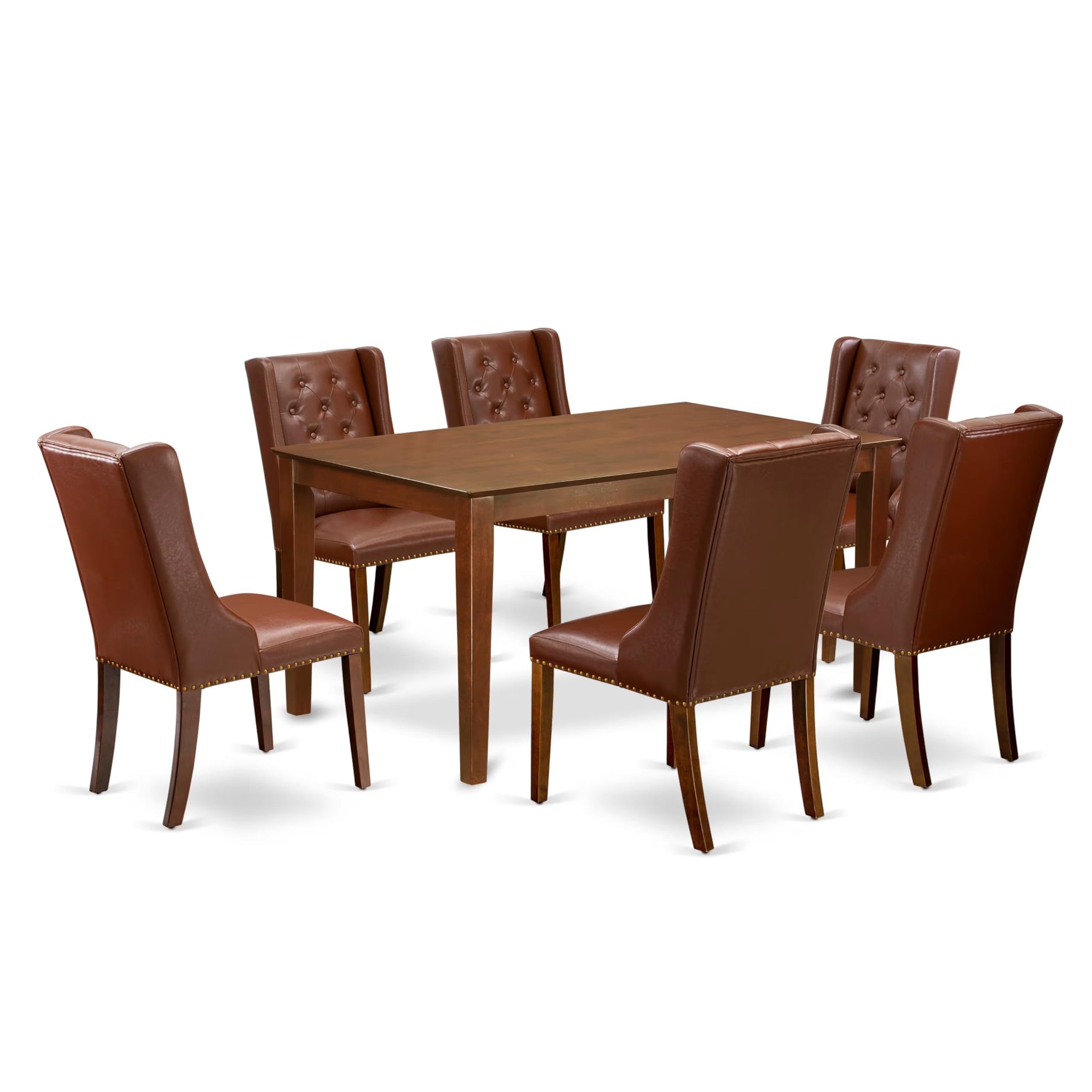 East West Furniture CAFO7-MAH-46 7 Piece Modern Dining Table Set Consist of a Rectangle Wooden Table and 6 Brown Faux Faux Leath