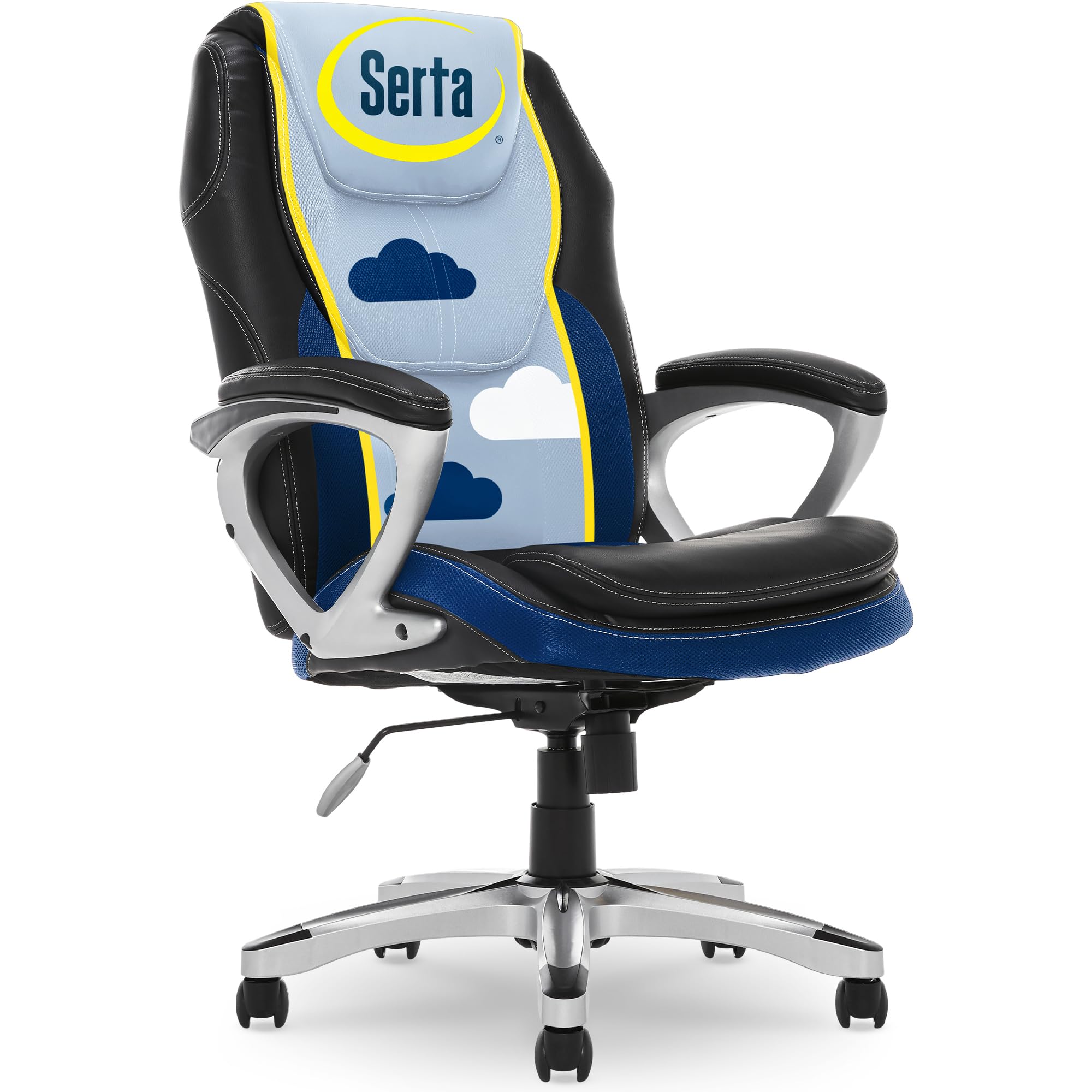 Serta Executive Office Padded Arms, Adjustable Ergonomic Gaming Desk Chair with Lumbar Support, Faux Leather and Mesh, Black/Blu