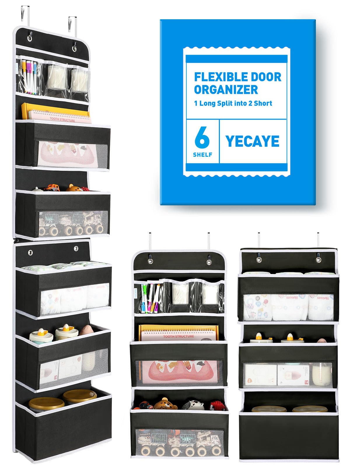 Yecaye 6-Tier Over The Door Storage Organizer, Flexible 1 Split into 2 Swing-Proof Hanging Bathroom Organizer, Bedroom Organizer