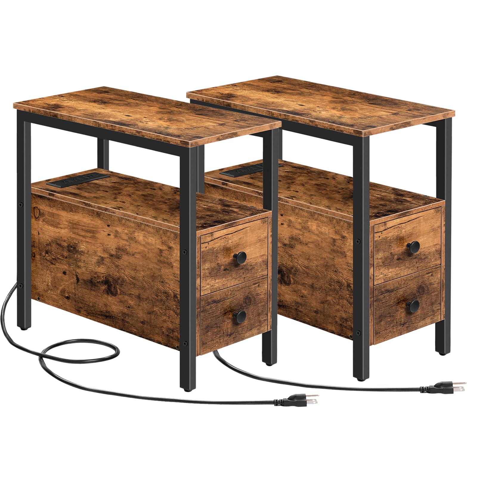 HOOBRO End Table with Charging Station, Narrow Side Table with 2 Drawer & Power Outlets, Nightstand Small Spaces, Rustic Brown a
