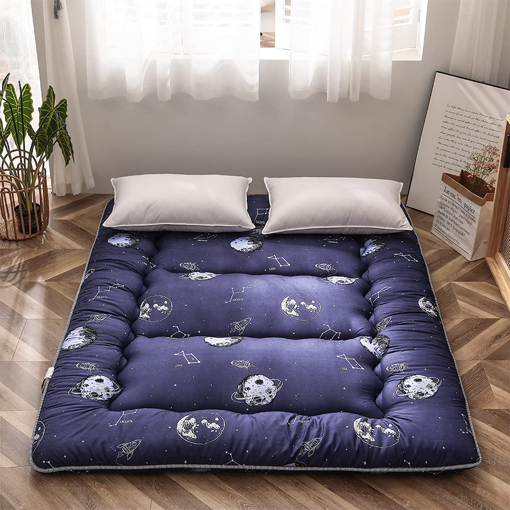 Navy Space Adventure Japanese Floor Futon Mattress, Thicken Tatami Mat Sleeping Pad Foldable Bed Roll Up Mattress Floor Lounger 