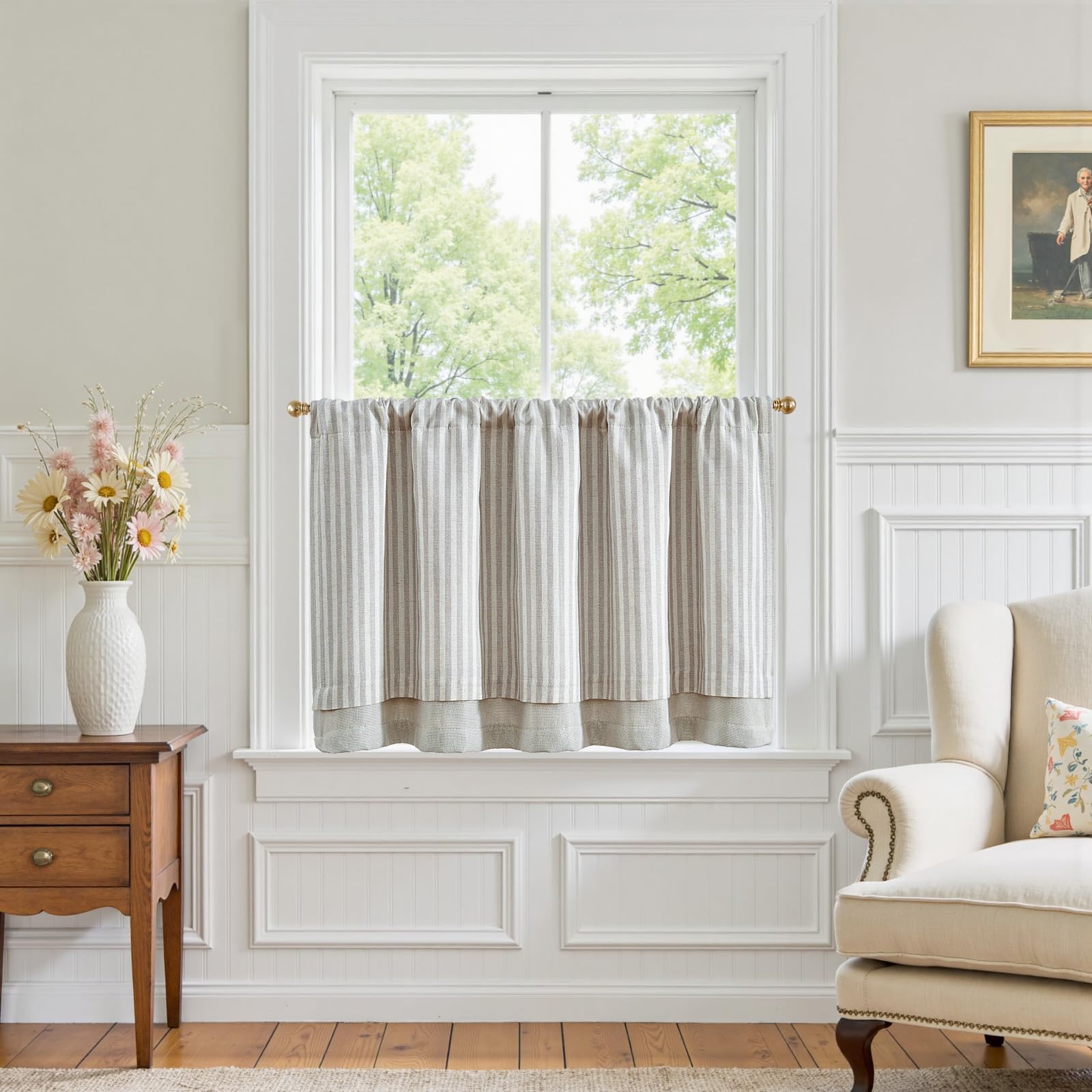 jinchan Double Layer Striped Linen Kitchen Tier Curtain Pinstripe Rustic Cafe for Living Room Bathroom Half Window Curtain Light