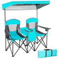 GYMAX Double Camping Chair, Beach Chair with Canopy Shade, Adjustable UV Protection, Cooler, Cup Holder & Carry Bag, Folding Por