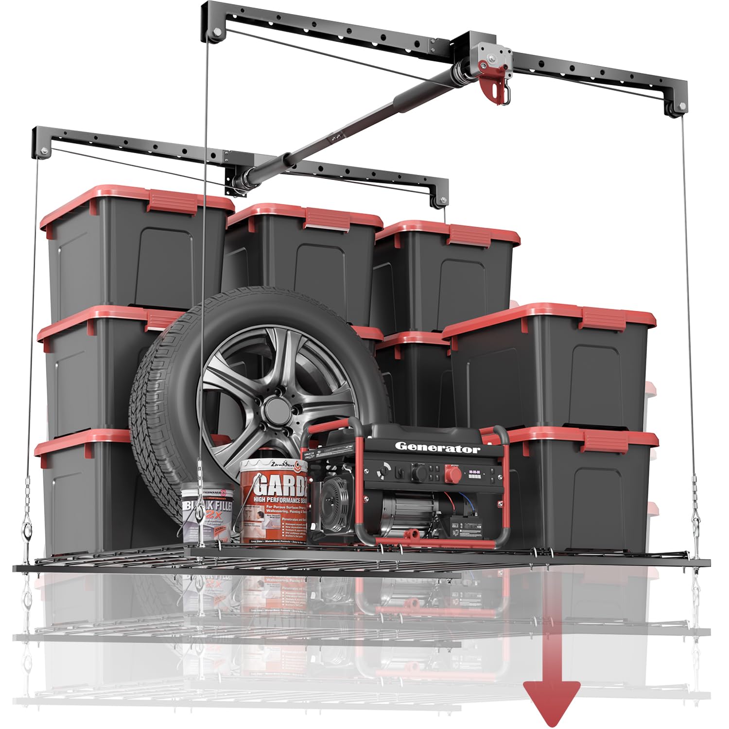 Overhead Garage Storage Rack for 8-10 FT Ceiling, 4x4 FT Ceiling Storage Racks with Safety Lock, Ideal for Garage Storage Mounte