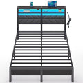Seventable Bed Frame Queen Size with Charging Station, LED Bed with Upholstered Storage Headboard, Metal Platform Bed with Under