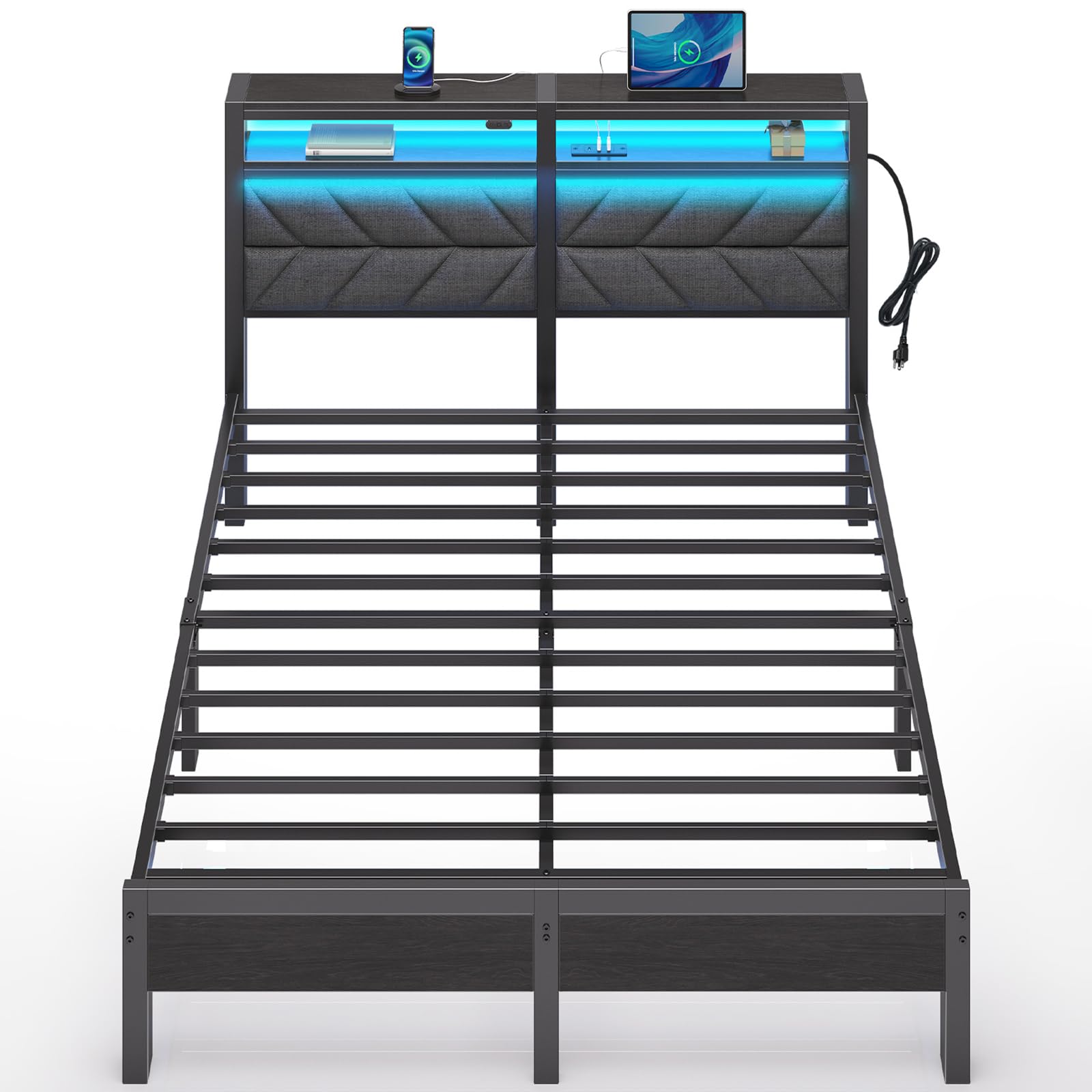 Seventable Bed Frame Full Size with Charging Station, LED Bed with Upholstered Storage Headboard, Metal Platform Bed with Under 