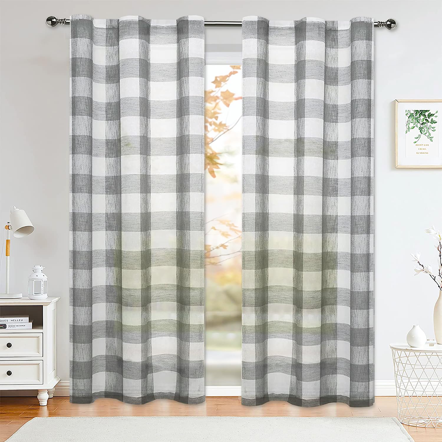 Amzdecor Grey Buffalo Plaid Curtains 84 Inch Long Linen Textured Sheer Panels Buffalo Check Plaid Rod Pocket Rustic Window Treat