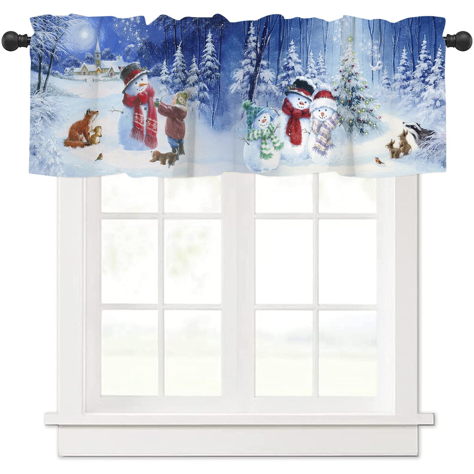 ARESD Christmas Valance for Windows Christmas Snowman Window Toppers Valances Rod Pocket 1 Panel Xmas Tree Blue Background Windo