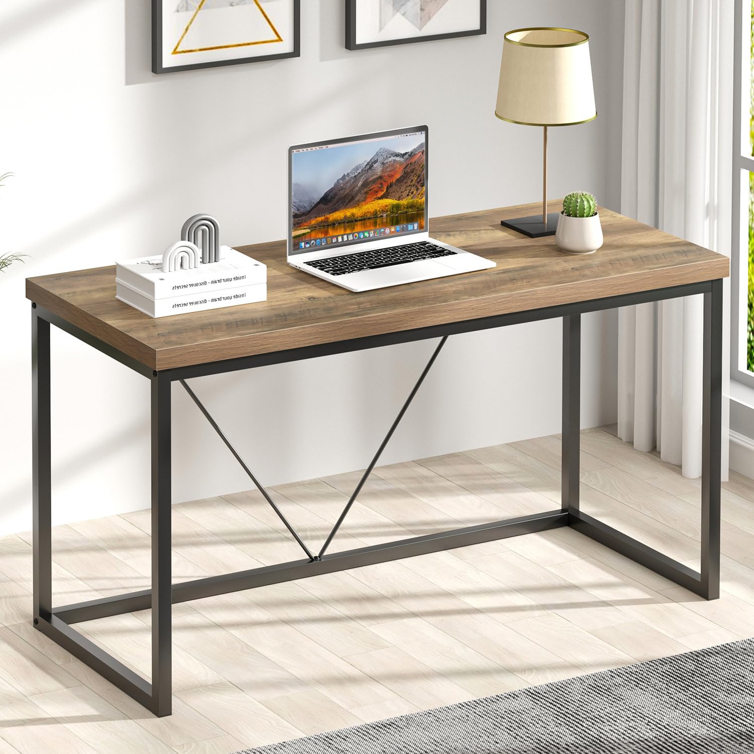FOLUBAN Modern Home Office Desk, Rustic Wood and Metal Computer Desks, Industrial Study Writing Gaming Table Workstation, Vintag