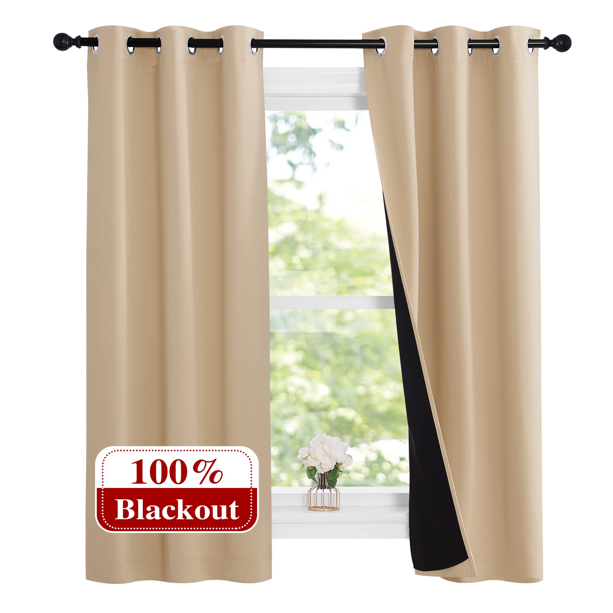 NICETOWN Bedroom Full Blackout Curtain Panels, Super Thick Insulated Grommet Drapes, Double-Layer Blackout Draperies with Black 