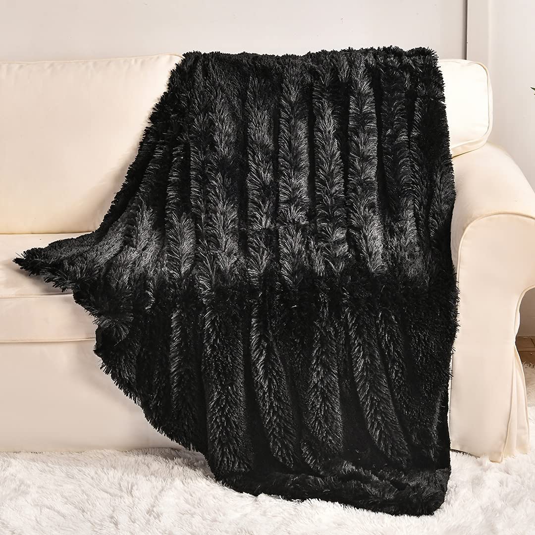 YUSOKI Black Faux Fur Throw Blanket,2 Layers,50 x 60, Soft Fuzzy Fluffy Plush Furry Comfy Warm Cozy Blanket for Couch Bed Chair 