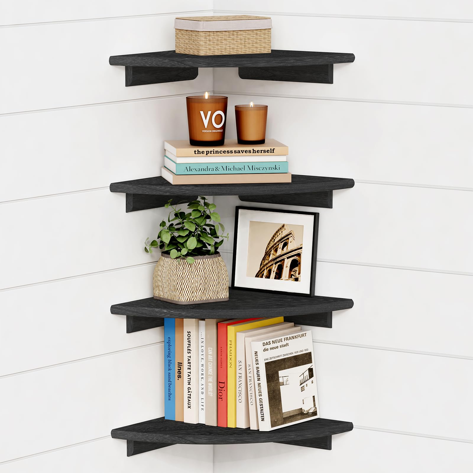 Forbena Black Floating Corner Bookshelf for Wall Set of 4, Large Corner Plant Shelves for Living Room, Rustic Rounded Corner Boo