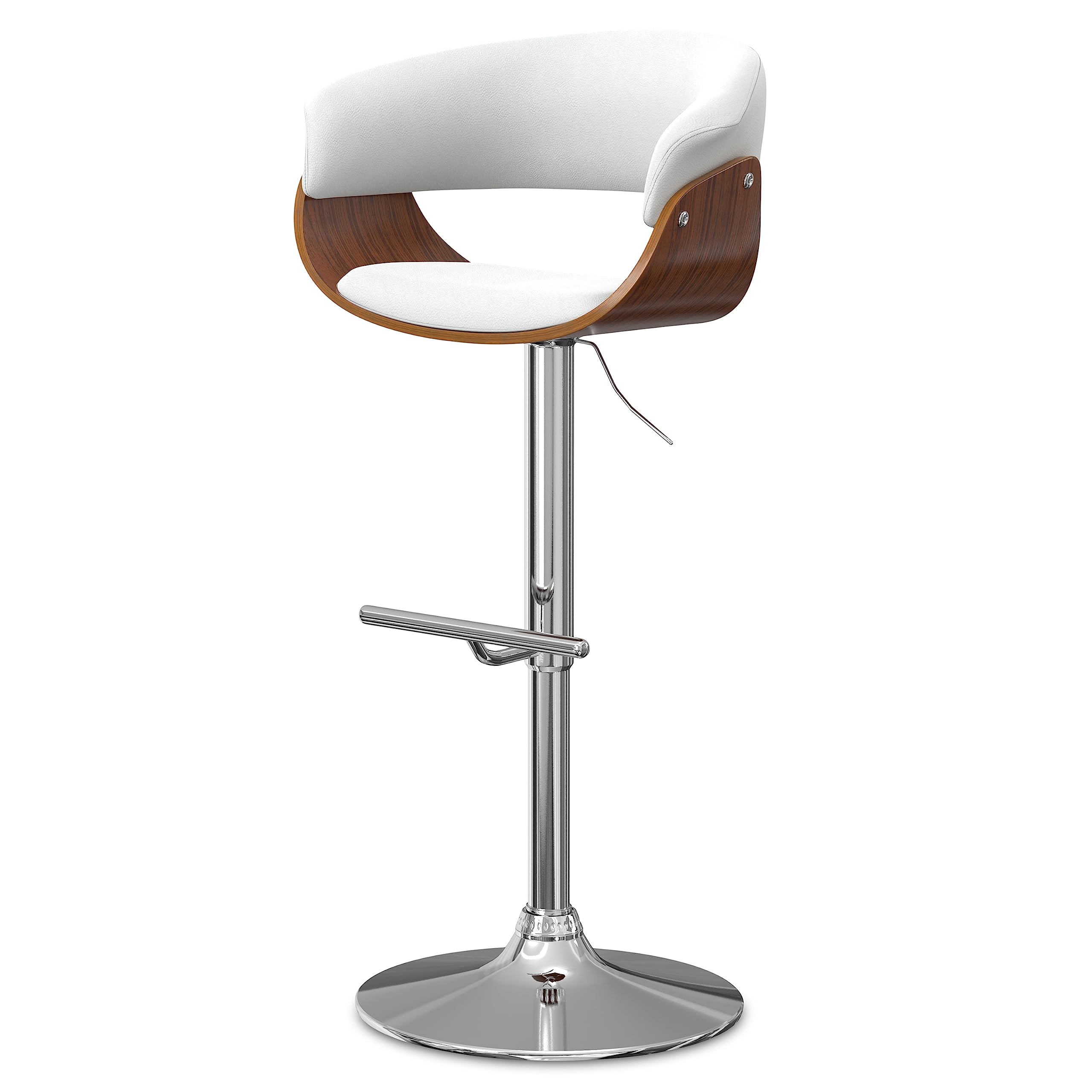 SIMPLIHOME Sheldon 34 Inch Wide Mid Century Modern Adjustable Swivel Bar Stool in White Vegan Faux Leather, for The Dining Room 