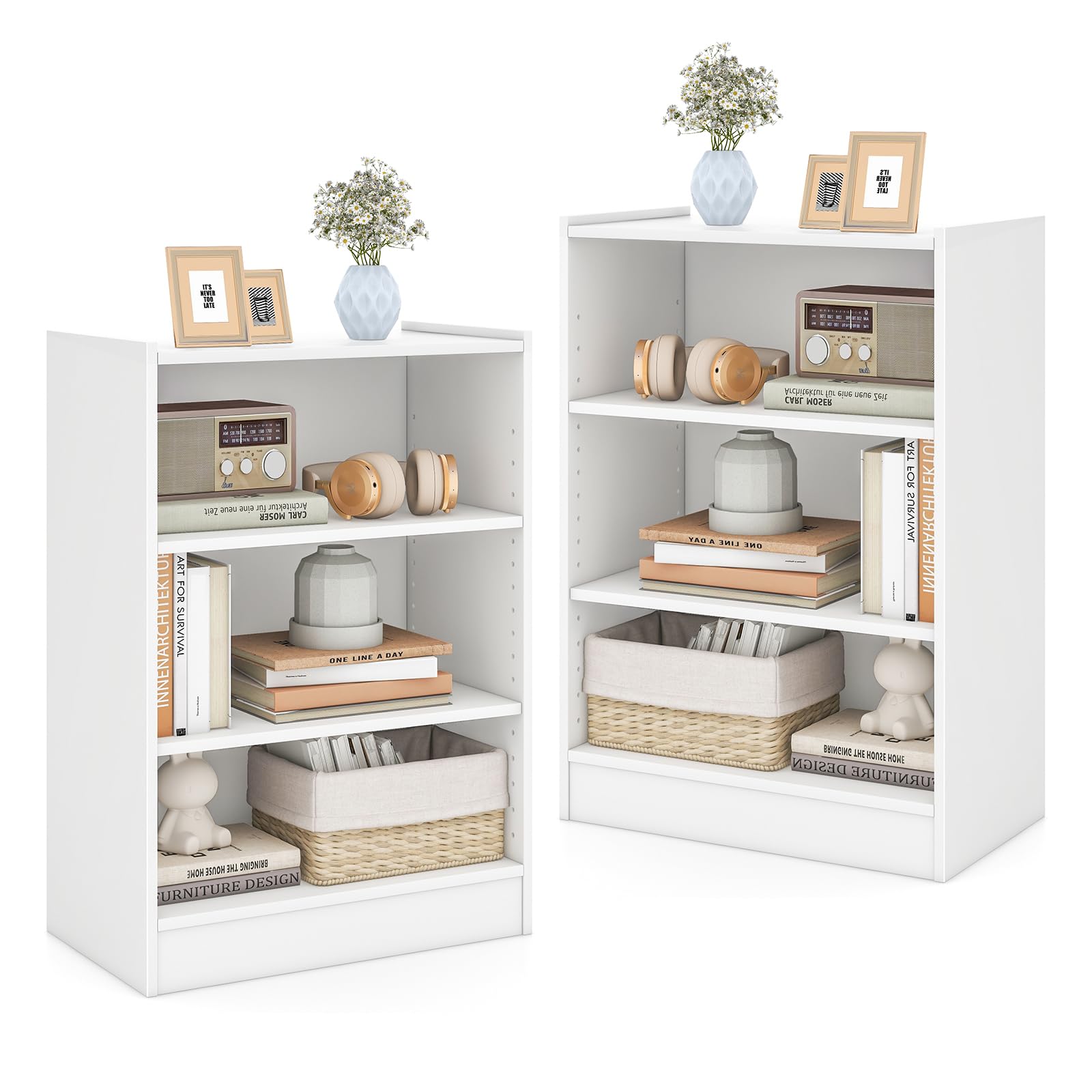 Giantex 3-Cube Bookcase of 2 White, 3-Tier Modern White Open Bookshelf with Adjustable Shelves, Anti-tipping Device, Small Wood 