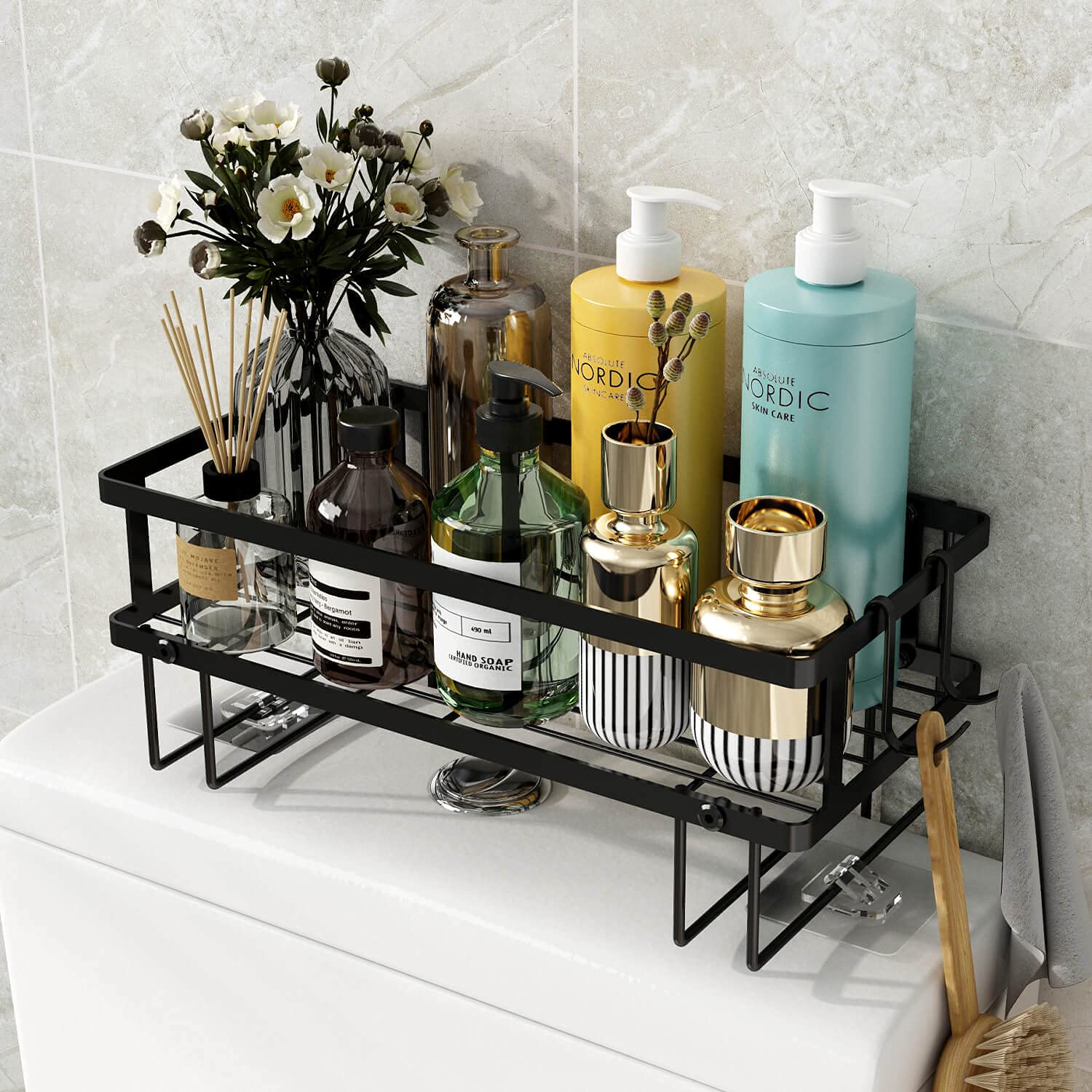 Godboat Bathroom Organizer - Over Toilet Storage, Floating Shelves with 2 Hooks, Wall Mounted Shelf Rack, Behind and Above The T