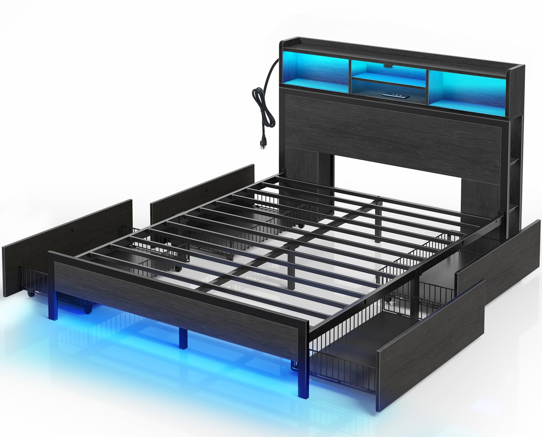 Rolanstar Full Bed Frame with Storage Headboard, Metal Platform Bed with Charging Station, LED, 4 Drawers, Bookcase Storage, No 