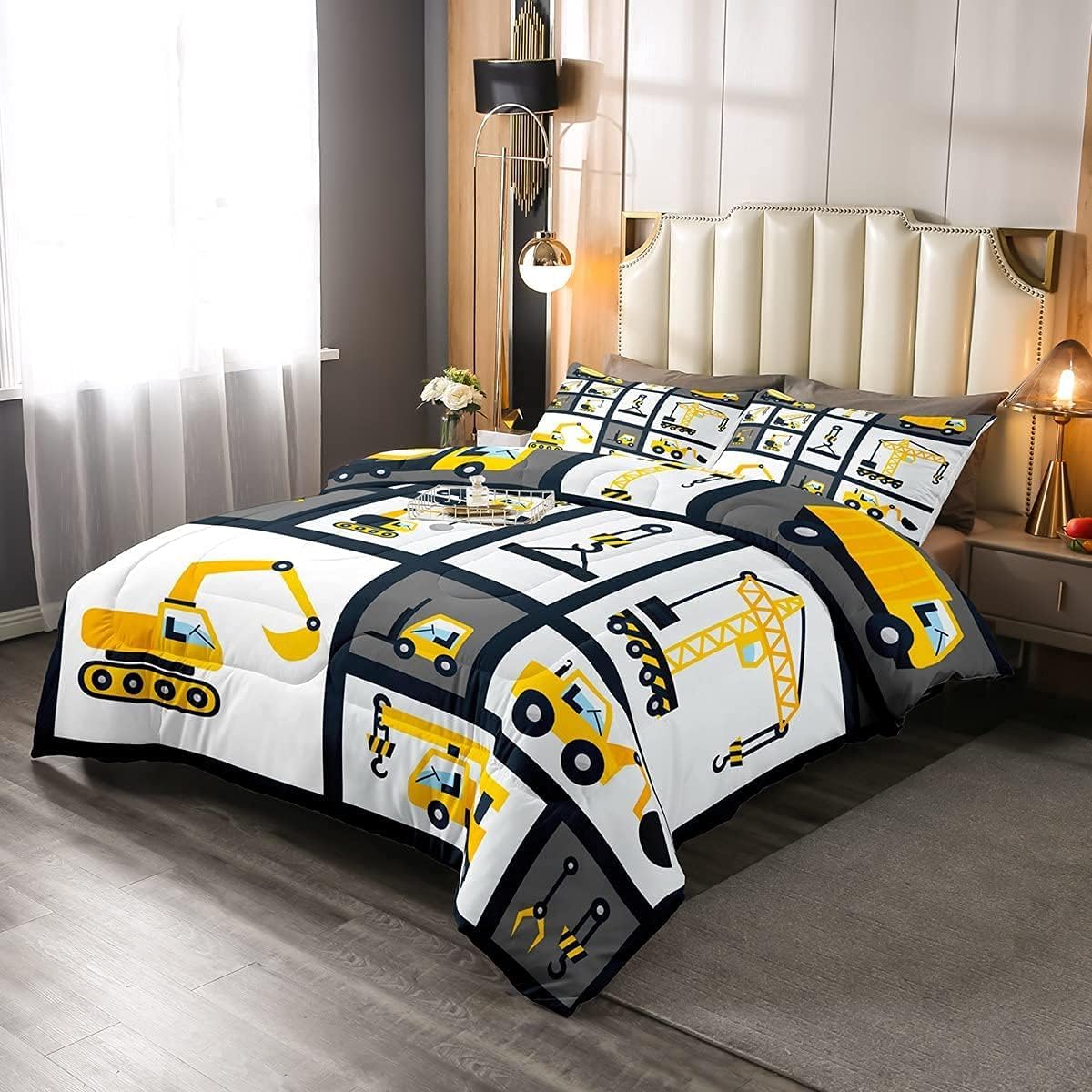 Feelyou Boys Construction Bedding Set Toddler Size Kids Machinery Truck Comforter for Children Construction Site Car Vehicle Dec