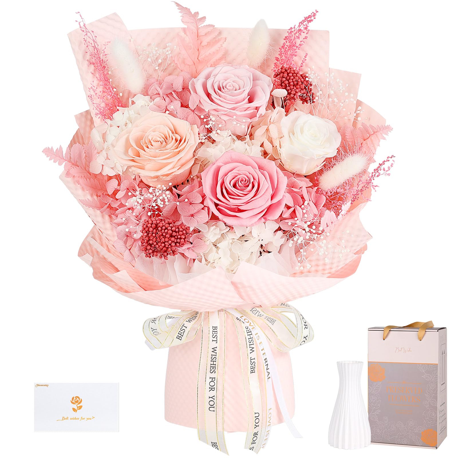 MAMAMIKO Preserved Flowers Bouquet 4 Roses - Pink Roses & Flowers for Delivery, Long-Lasting Real Roses Forever, Eternal Roses B