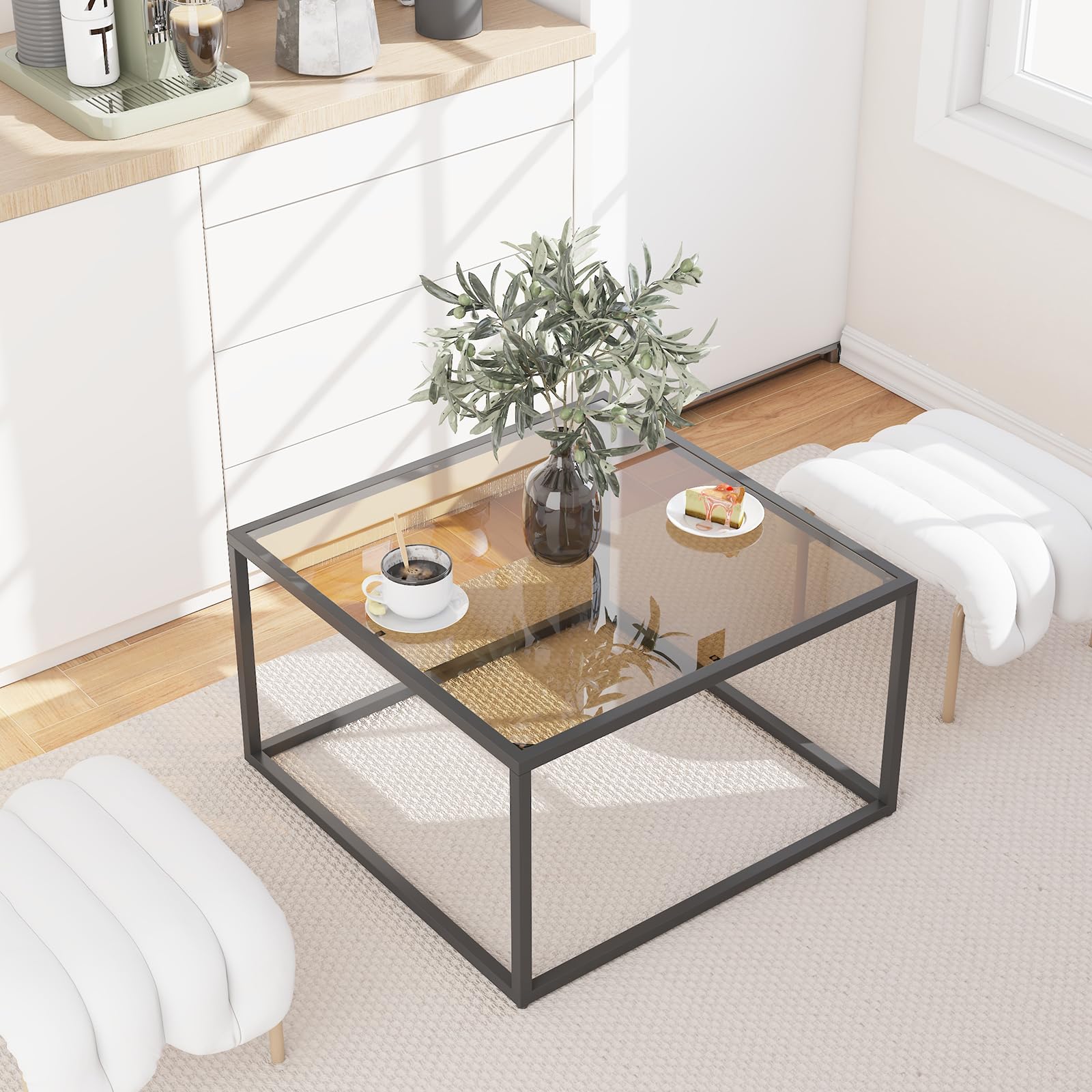 YMYNY Glass Coffee Table, Tempered Glass Square Coffee Tables with Metal Frame, Unique Modern Table for Living Room Home Office 