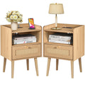 Night stand Set of 2, Bedside Tables with Charging Station, Rattan End Tables, Boho Bed Side Tables, Wood Nightstands set of 2 f