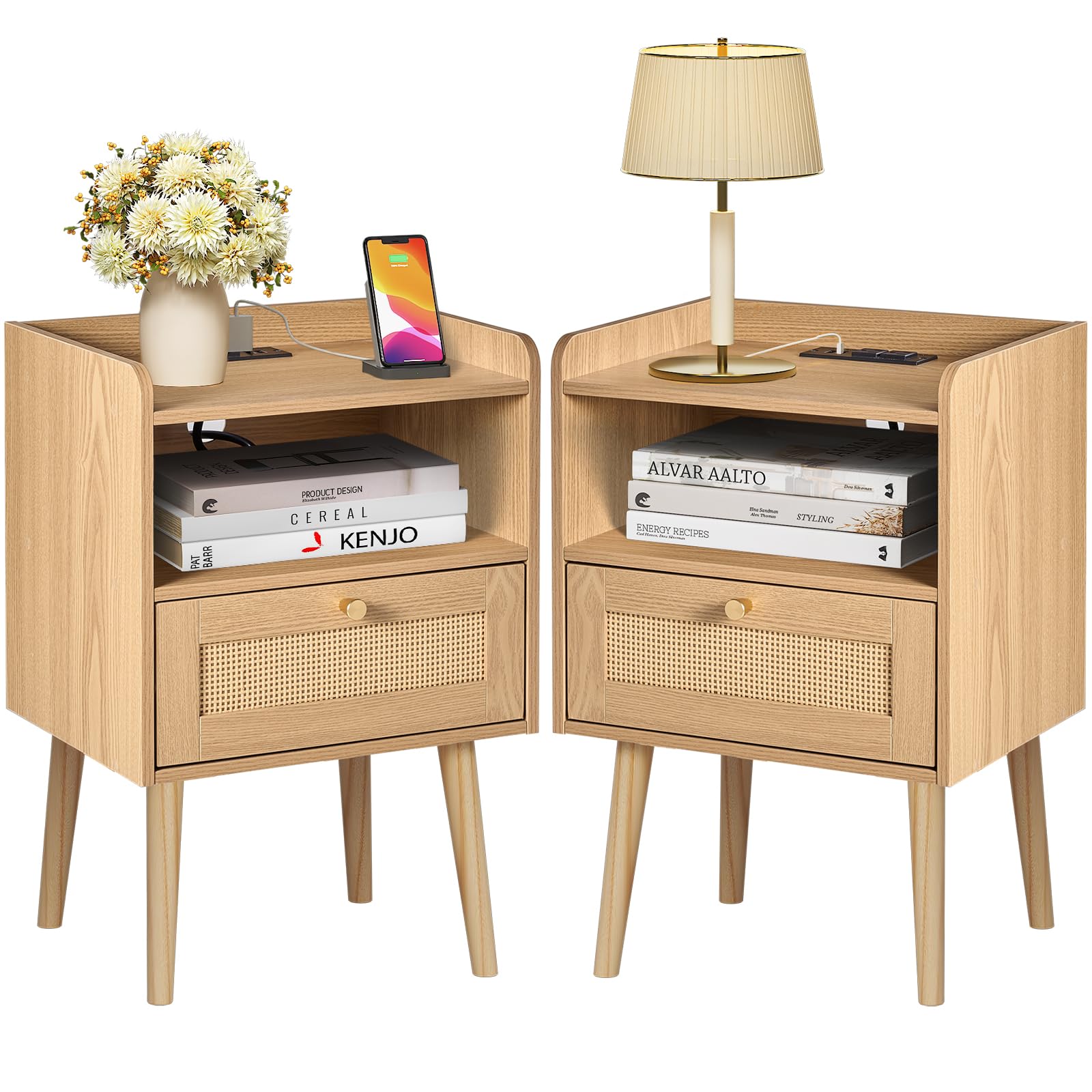 MECHYIN Night Stand Set of 2, Bedside Tables with Charging Station, Rattan End Tables, Boho Bed Side Tables, Wood Nightstands Se