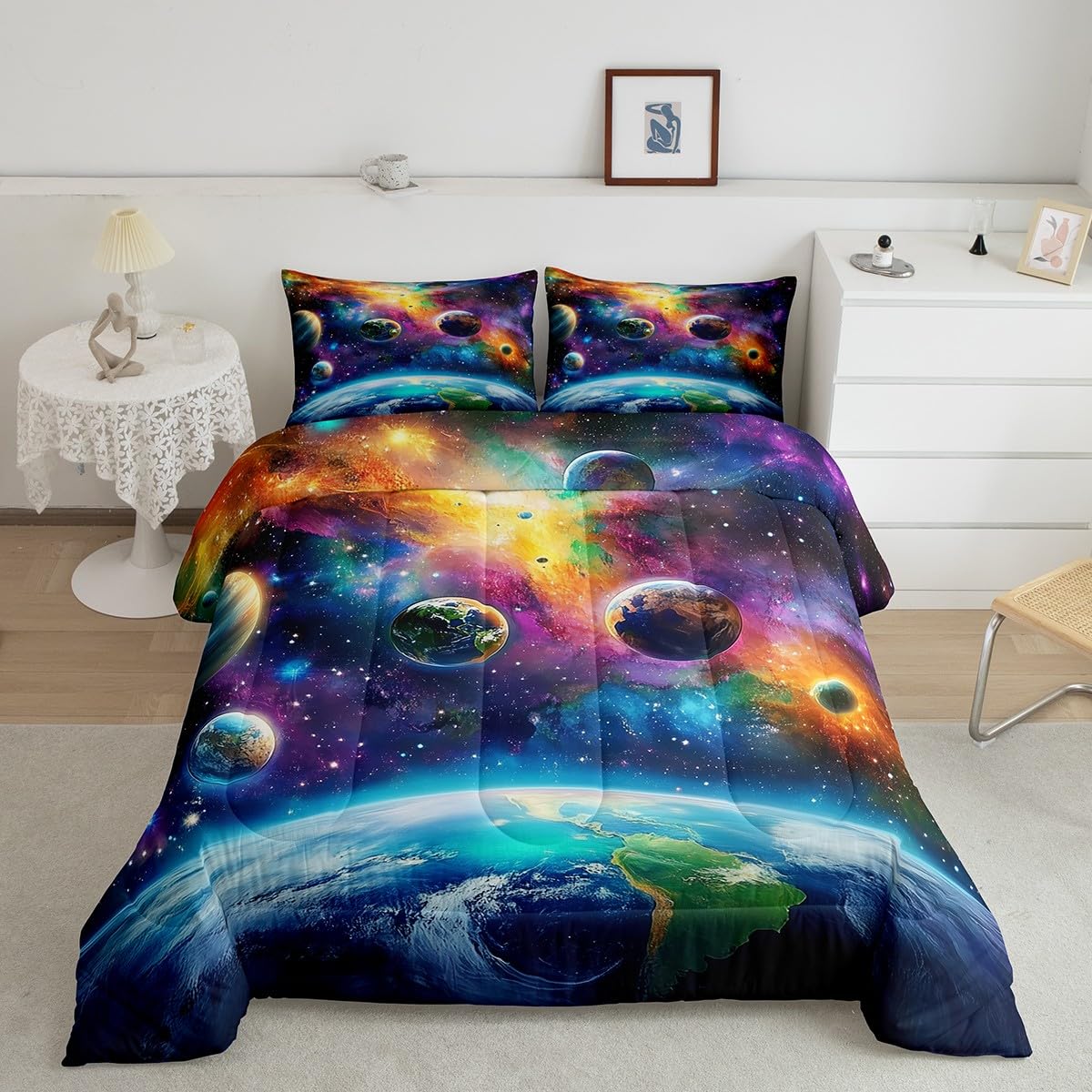 Feelyou Universe Galaxy Comforter Set Full Size Kids Planets Earth Bedding Set Boy Girl Teen Solar System Comforter Breathable O
