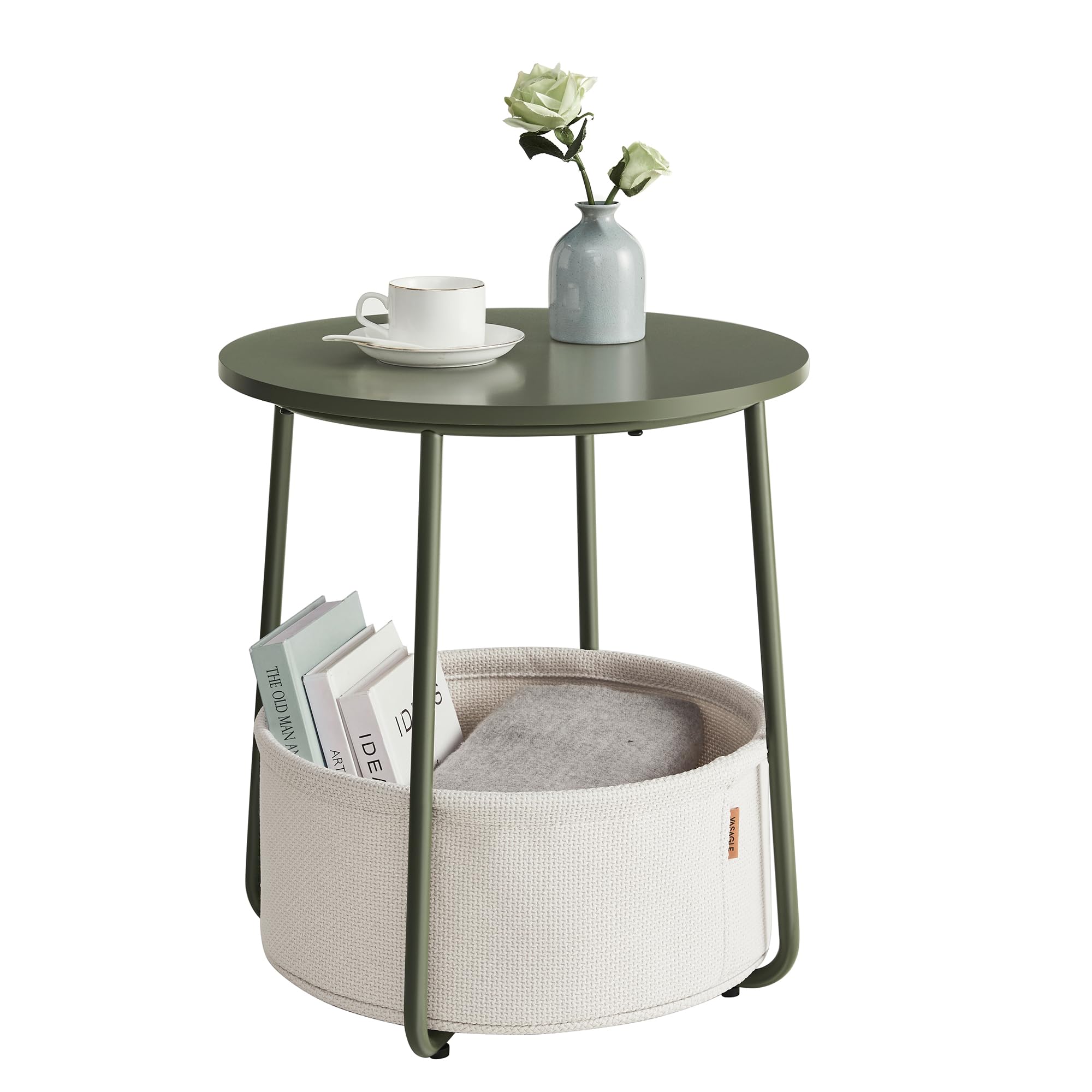 VASAGLE End Table, Small Bedside Table with Fabric Basket, Modern Nightstand, Round Side Table, for Living Room, Bedroom, Forest