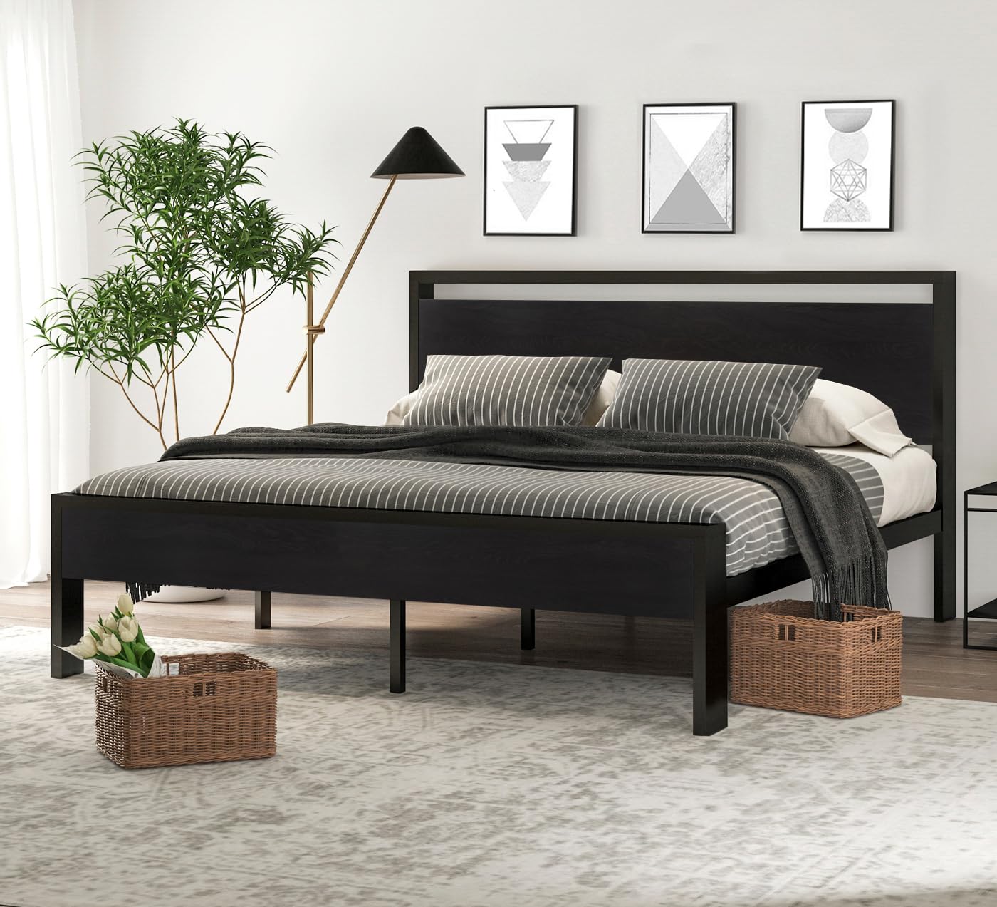 SHA CERLIN 14 Inch King Size Metal Platform Bed Frame with Wooden Headboard and Footboard, Mattress Foundation, No Box Spring Ne